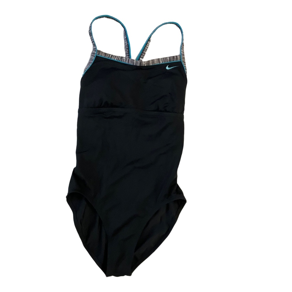 Nike Black Full Coverage Strap Design Blue Accents OnePiece Swimsuit Medium